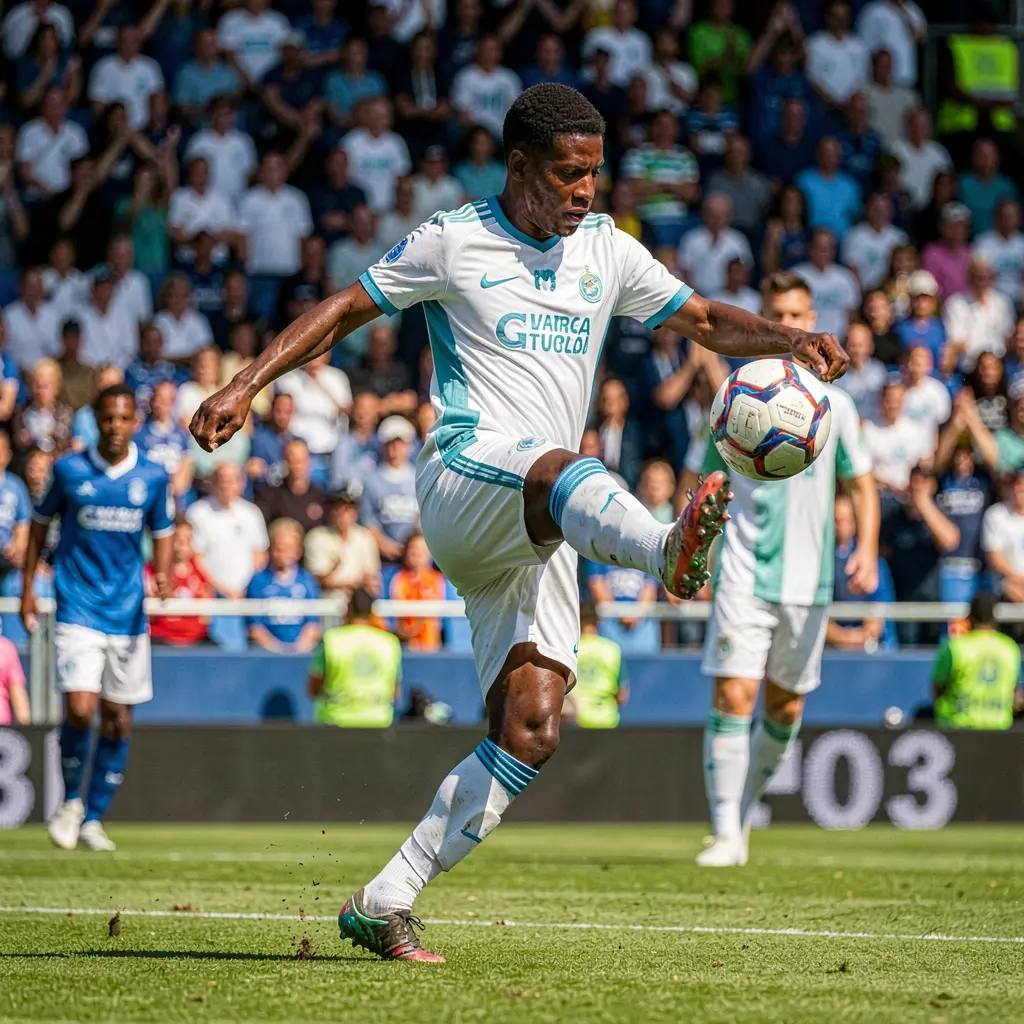 Close up of a professional soccer player controlling the ball during a high intensity match with cheering fans behind showcasing key moments to bet on at 888BET Vietnam